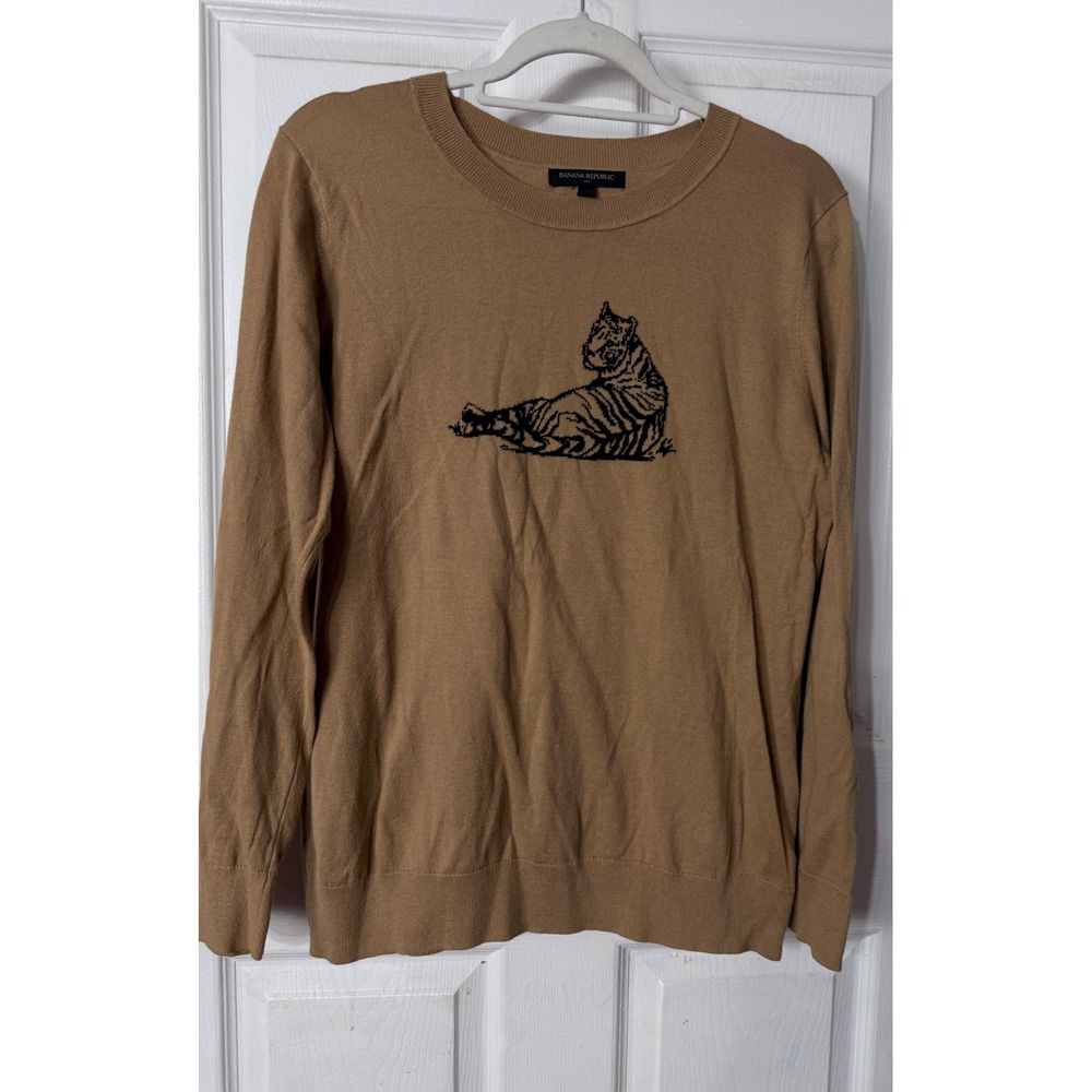 Banana Republic Womens Camel Tan Cotton Tiger Embroidered Crewneck Sweater L